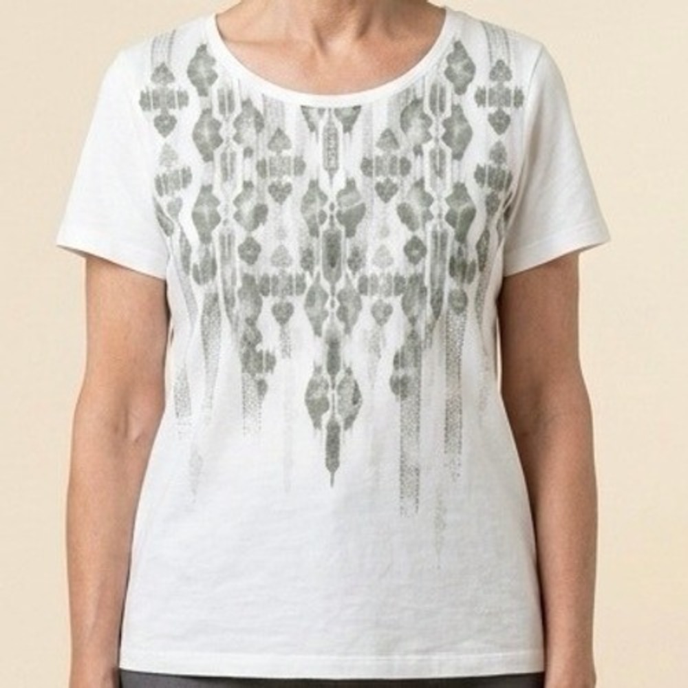 Chico's Graphic Tee Womens 2 White Grey Ikat Print Short Sleeve Crew Neck Top‎